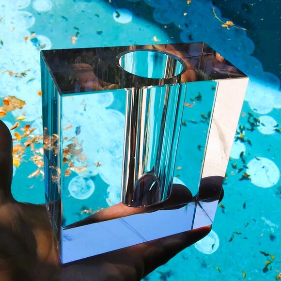 MCM Style TIZO Solid Heavy Lead Crystal Rectangular Bud Vase - Picture 5 of 12